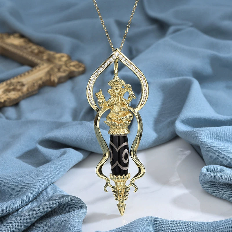 Dorje Elephant-Head Protection Pendant | Nine-Eye Dzi Bead Gold
