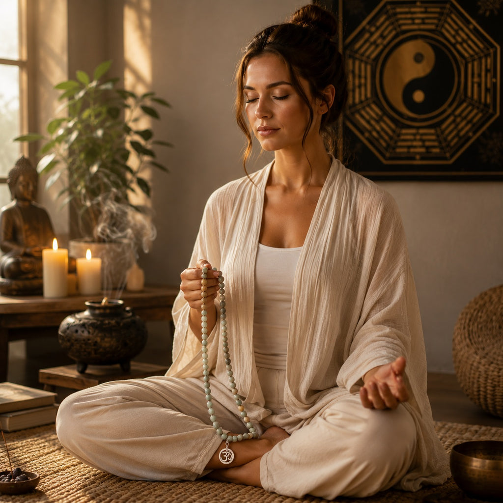 Woman using multi-color Amazonite 108 mala beads during seated meditation in a quiet indoor setting