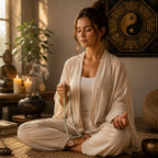 Woman using multi-color Amazonite 108 mala beads during seated meditation in a quiet indoor setting