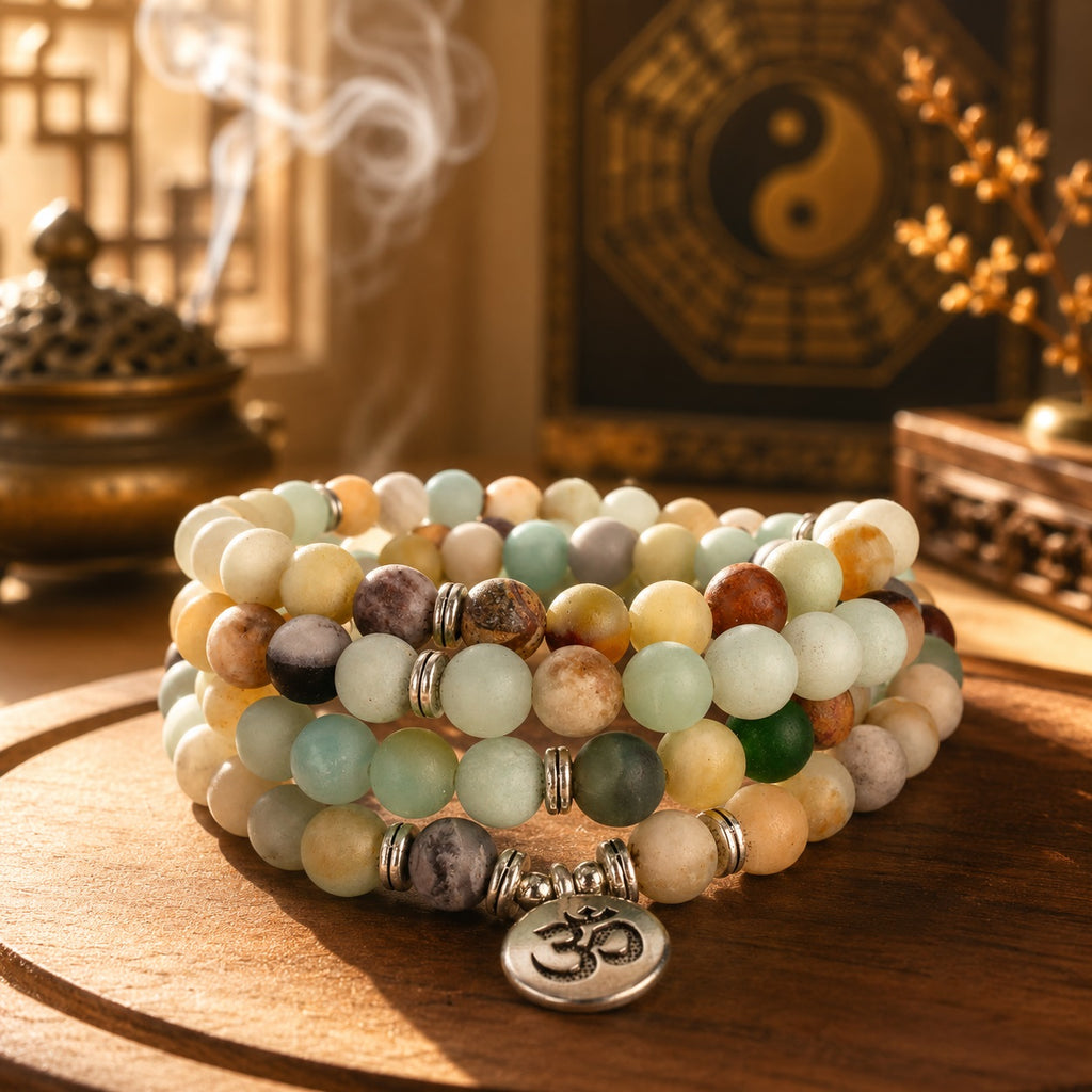 Multi-color Amazonite 108 mala beads for meditation with Om pendant, displayed on a wooden tray in a Taoist-inspired incense setting