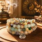 Multi-color Amazonite 108 mala beads for meditation with Om pendant, displayed on a wooden tray in a Taoist-inspired incense setting