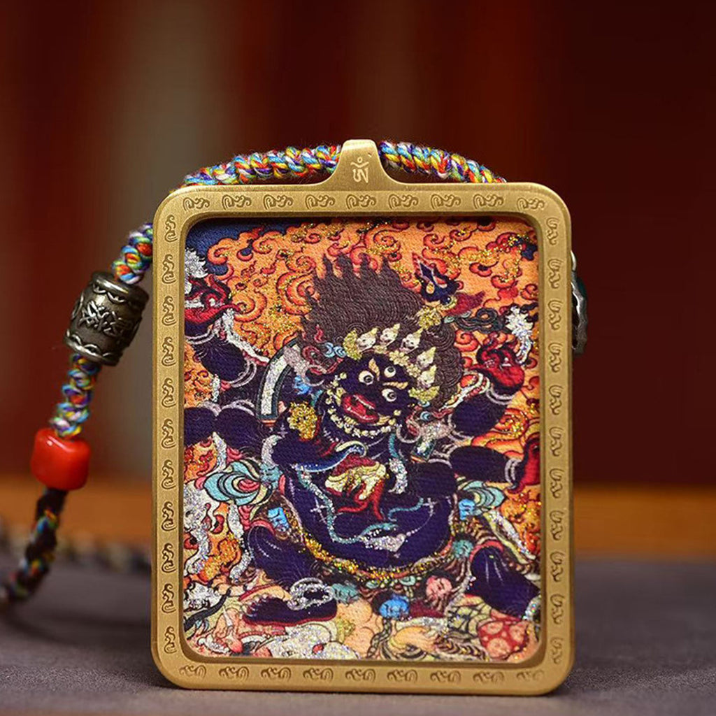 Tibetan Six-Armed Mahakala Thangka Amulet Agate Dzi Necklace