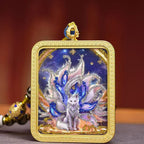 Tibetan Hand-Painted Thangka Nine-Tailed Fox Amulet Necklace