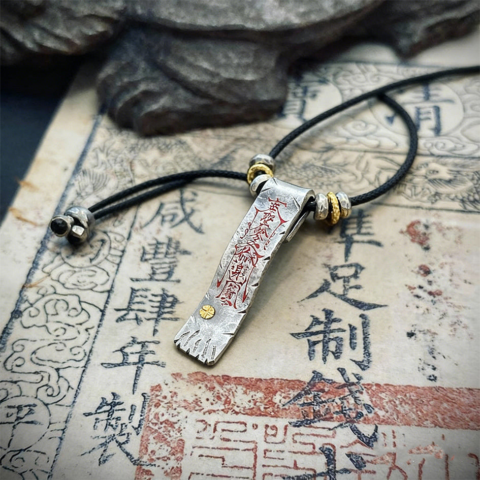 Protection Fortune Talisman Pendant - Dual-Sided Cinnabar Silver Necklace
