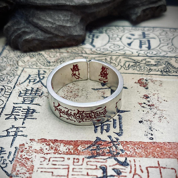 Supreme Taoist Talisman Ring - Bagua Yin Yang Cinnabar Silver Protection Ring