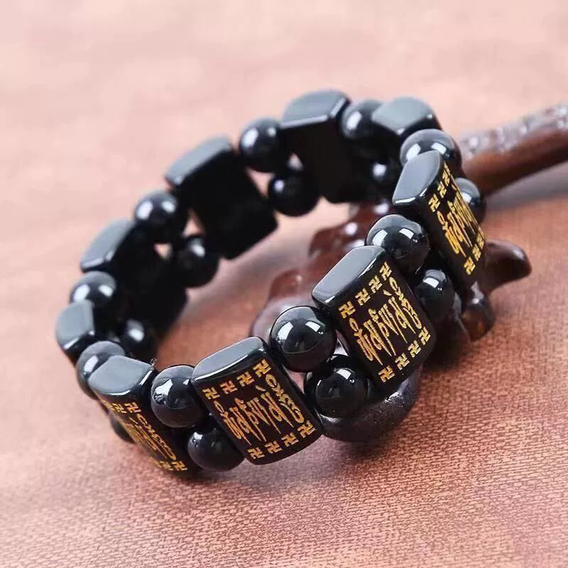 Blessed Black Obsidian Six-Syllable Mantra Protection Bracelet | Natural