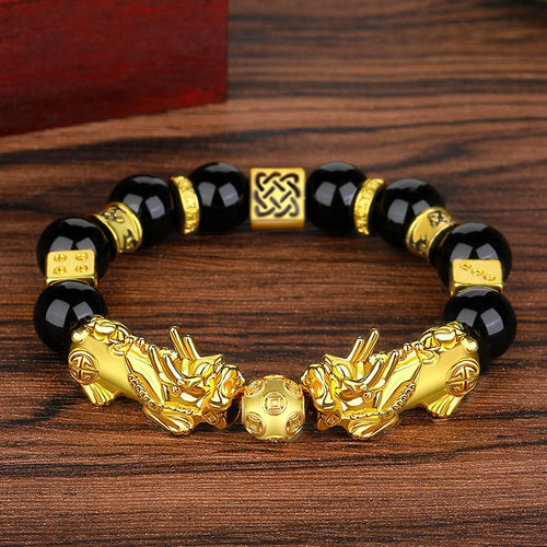 Black Obsidian Pixiu Bracelet - Wealth Guardian with Fortune Bead