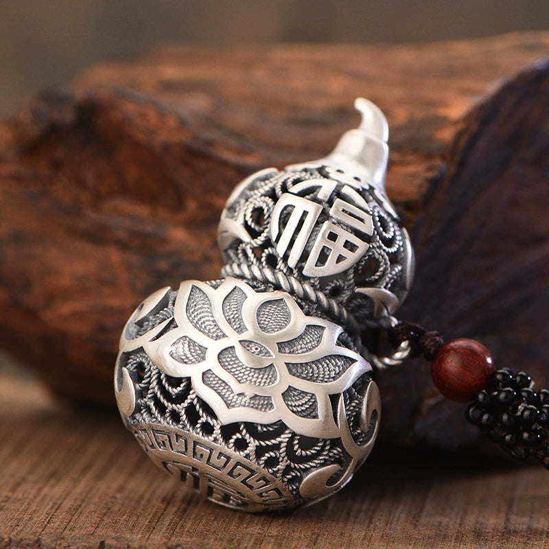 Hollow Lotus Gourd Peace Protection Pendant | Feng Shui Copper Silver