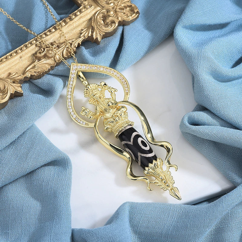 Dorje Elephant-Head Protection Pendant | Nine-Eye Dzi Bead Gold