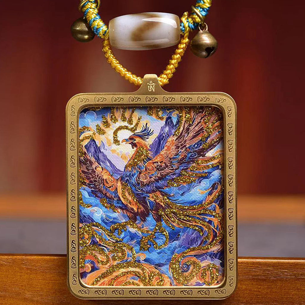 Tibetan Nine Purple Fire Phoenix Thangka Amulet Necklace