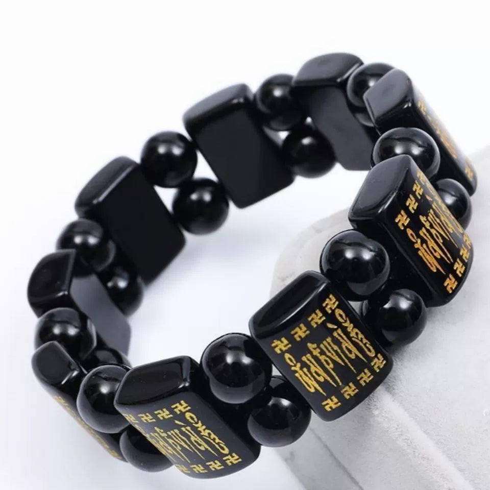 Blessed Black Obsidian Six-Syllable Mantra Protection Bracelet | Natural