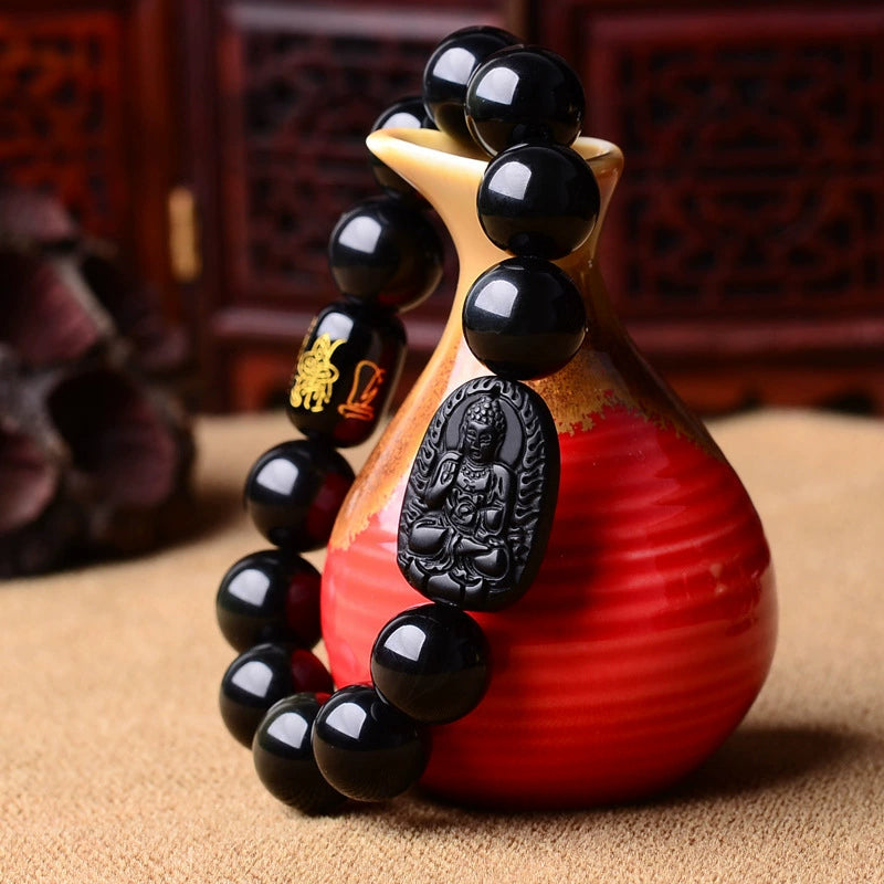 Obsidian Protection Bracelet | Carved Pendant Mantra Beads Feng Shui