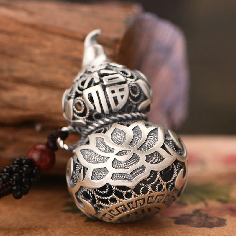 Hollow Lotus Gourd Peace Protection Pendant | Feng Shui Copper Silver