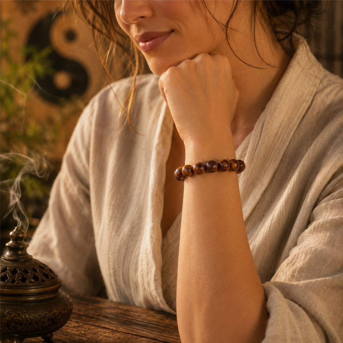 Woman in linen robe wearing thunderstruck jujube wood protection bracelet on wrist yin yang bagua backdrop bronze incense burner smoke warm golden light spiritual protection luck activation Longhu Mountain KaiGuang