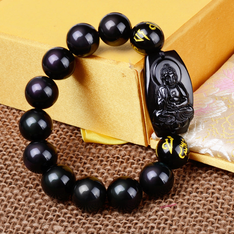 Obsidian Protection Bracelet | Carved Pendant Mantra Beads Feng Shui