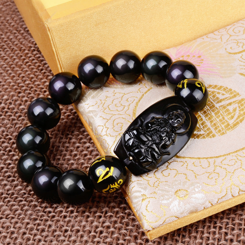 Obsidian Protection Bracelet | Carved Pendant Mantra Beads Feng Shui