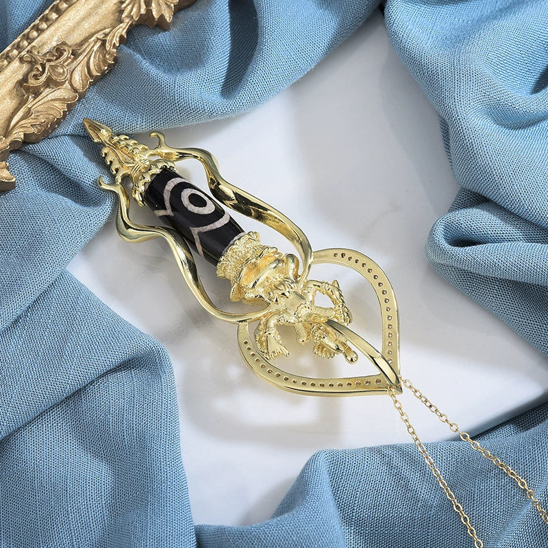 Dorje Elephant-Head Protection Pendant | Nine-Eye Dzi Bead Gold