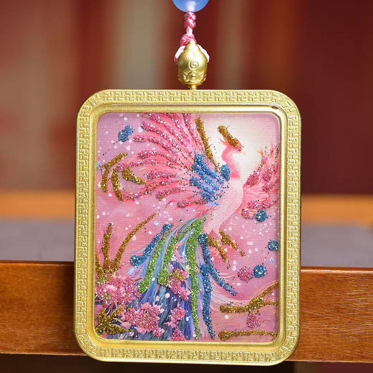 Tibetan Pink Phoenix Fire Thangka Amulet Rose Quartz Necklace