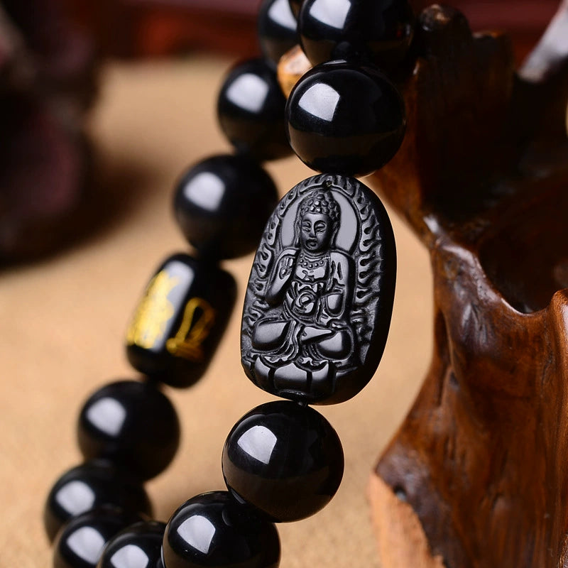 Obsidian Protection Bracelet | Carved Pendant Mantra Beads Feng Shui
