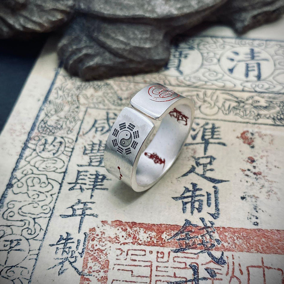 Supreme Taoist Talisman Ring - Bagua Yin Yang Cinnabar Silver Protection Ring