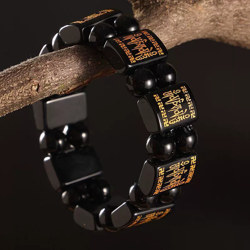 Blessed Black Obsidian Six-Syllable Mantra Protection Bracelet | Natural