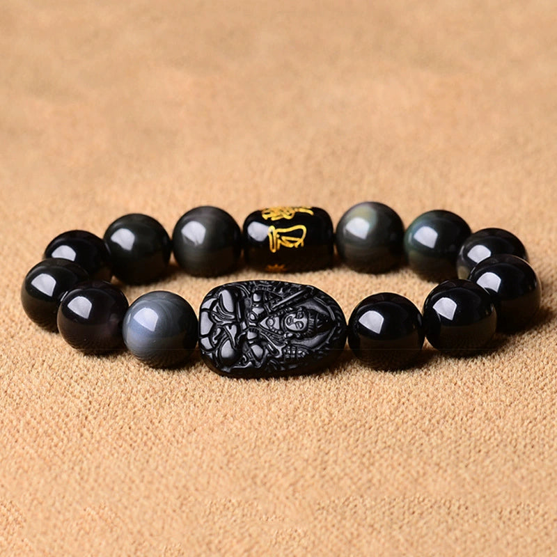 Obsidian Protection Bracelet | Carved Pendant Mantra Beads Feng Shui