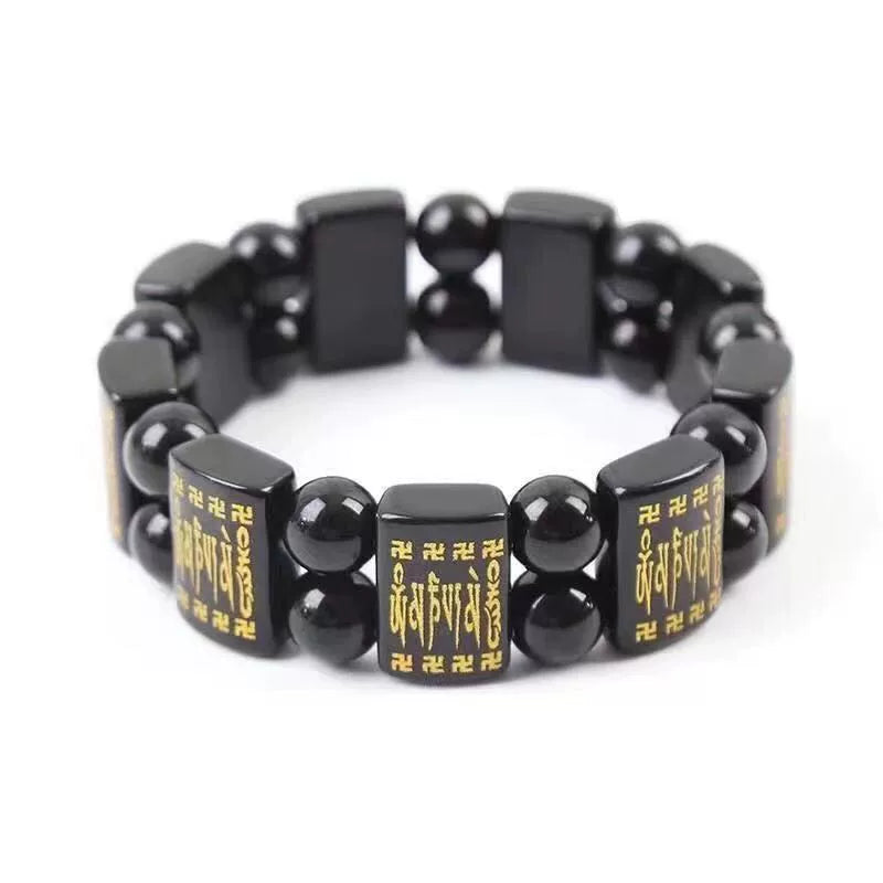 Blessed Black Obsidian Six-Syllable Mantra Protection Bracelet | Natural