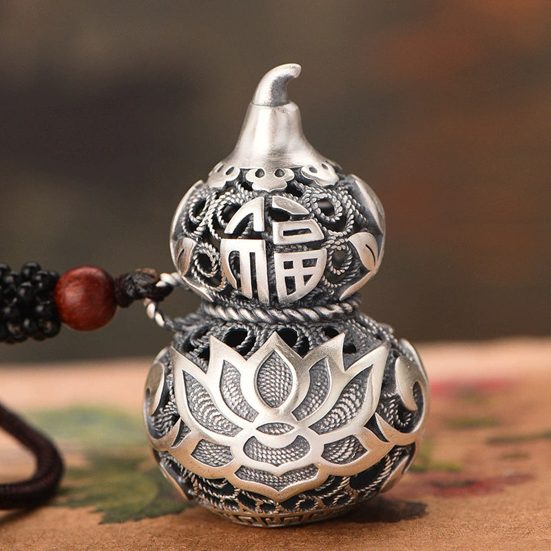 Hollow Lotus Gourd Peace Protection Pendant | Feng Shui Copper Silver