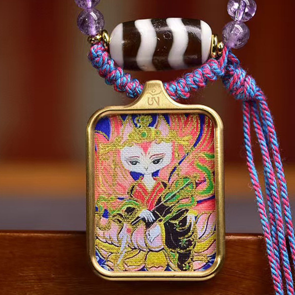 Tibetan White Nine-Tailed Fox Thangka Amulet Amethyst Necklace