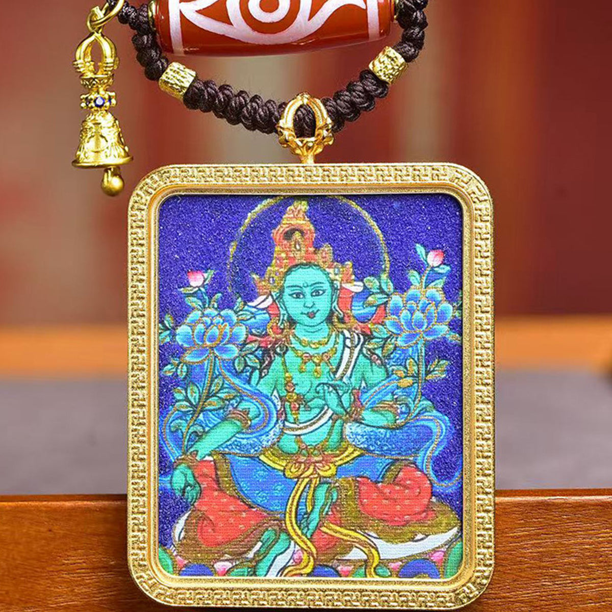 Tibetan Zodiac Guardian Green Tara Thangka Amulet Necklace