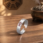S925 silver open-band ring with red cinnabar BeiDou talisman script, Taoist fortune turning protection ring