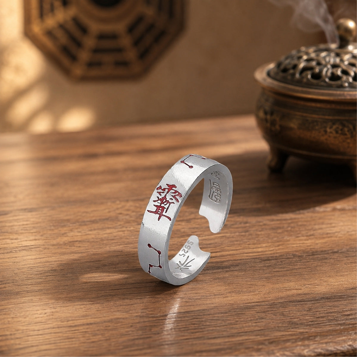 S925 silver open-band ring with red cinnabar BeiDou talisman script, Taoist fortune turning protection ring