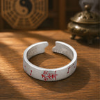  Interior of S925 silver BeiDou talisman ring showing red cinnabar fu script engraving, adjustable open band