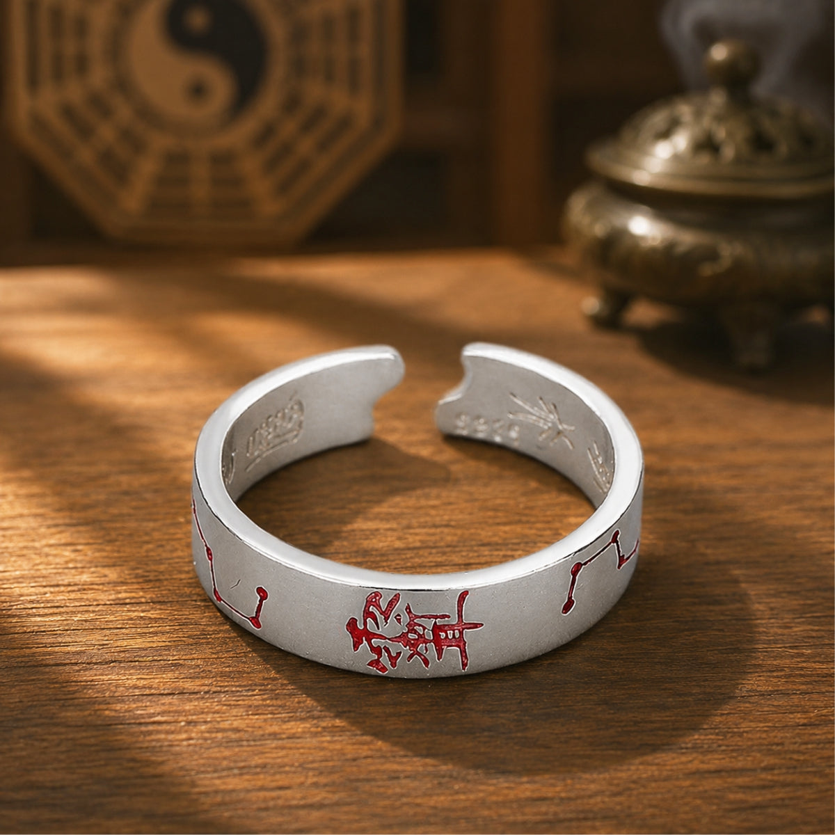  Interior of S925 silver BeiDou talisman ring showing red cinnabar fu script engraving, adjustable open band