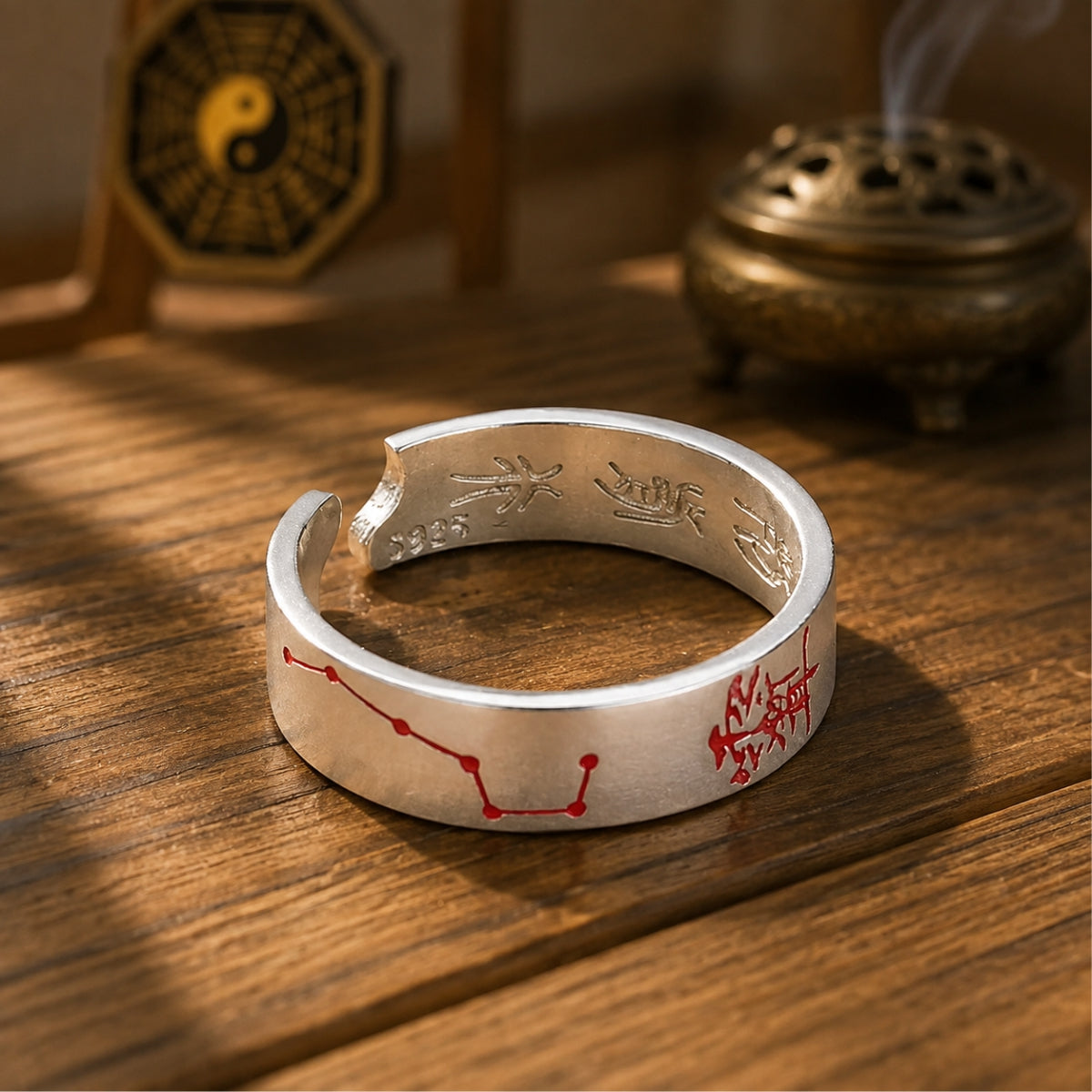 S925 silver ring with red cinnabar BeiDou seven star constellation and talisman engraving, 925 stamp visible inside