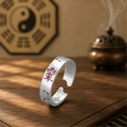 S925 silver open-band BeiDou talisman ring with red cinnabar star and fu script, Taoist altar setting