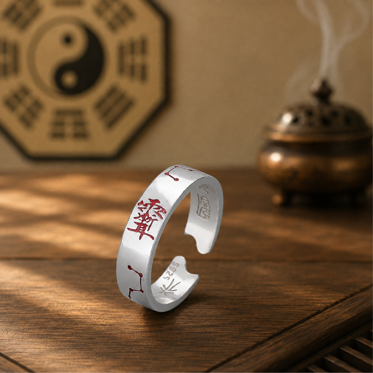 S925 silver open-band BeiDou talisman ring with red cinnabar star and fu script, Taoist altar setting