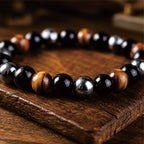 Close-up of Black Obsidian, Hematite and Tiger Eye beads on a workplace protection bracelet
