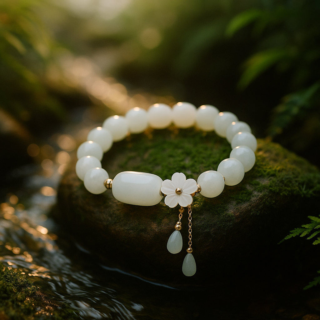White Jade Floral Leaf Energy Bracelet | Natural Stone Feng Shui