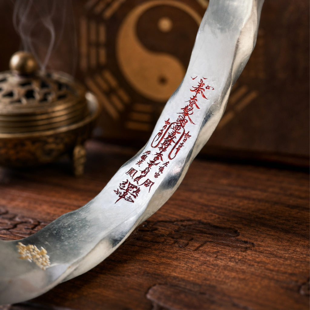 Close-up of the red cinnabar protection talisman engraved on a hand-forged 925 silver Taoist Mobius bracelet.