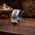 Antiqued silver Taoist Mountain Ghost Five Thunder protection ring showing a red cinnabar Five Thunder talisman detail.