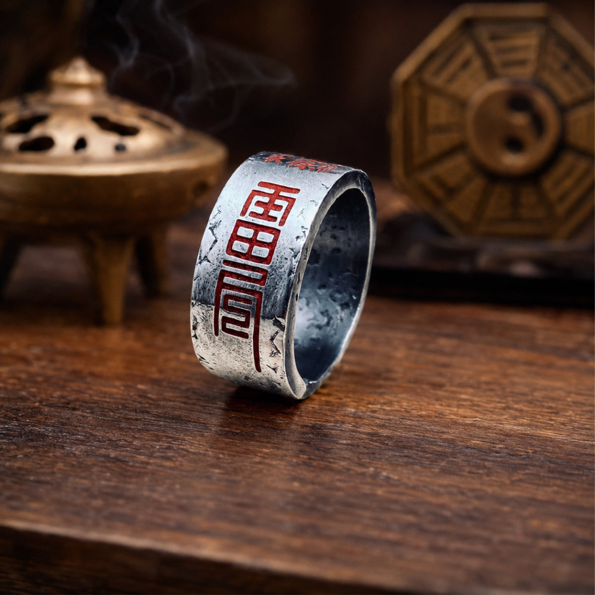 Antiqued silver Taoist Mountain Ghost Five Thunder protection ring showing a red cinnabar Five Thunder talisman detail.