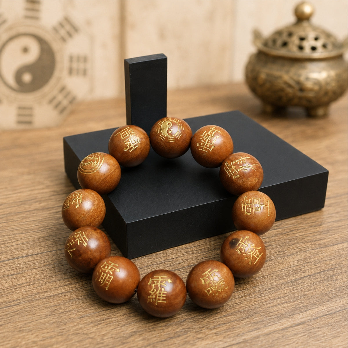 Thunderstruck wood Five Thunders protection bracelet with Taoist talisman bead carvings, displayed beside a Bagua and incense burner