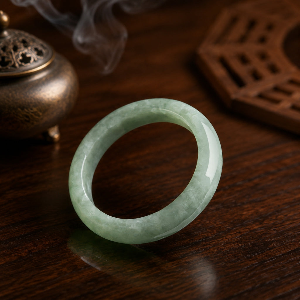 Close-up of a natural green jadeite protection ring for wealth and daily safeguarding.