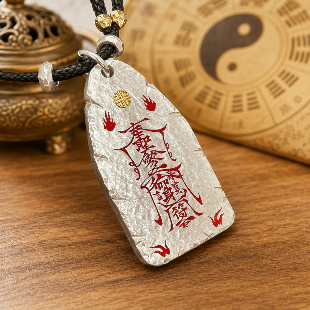 Close-up of a hand-hammered silver Taoist protection talisman necklace with red cinnabar talisman engraving