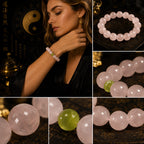Heart healing bracelet for women showing wrist wear, pink crystal bead details, and a green accent bead