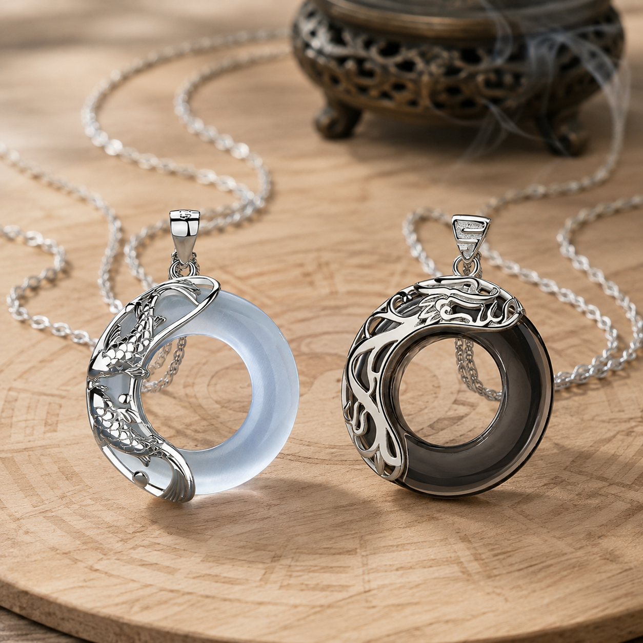 White jade and dark jade koi love necklaces with sterling silver koi details, shown as two pendant color options.