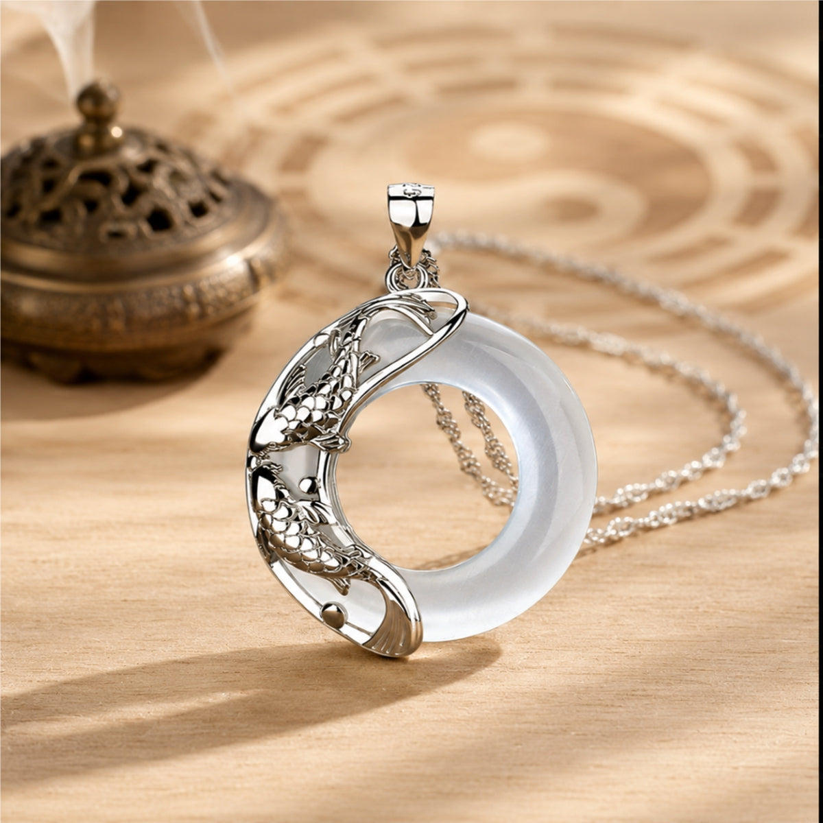 Natural white jade koi love necklace with sterling silver koi detailing and a Taoist-inspired pendant design.