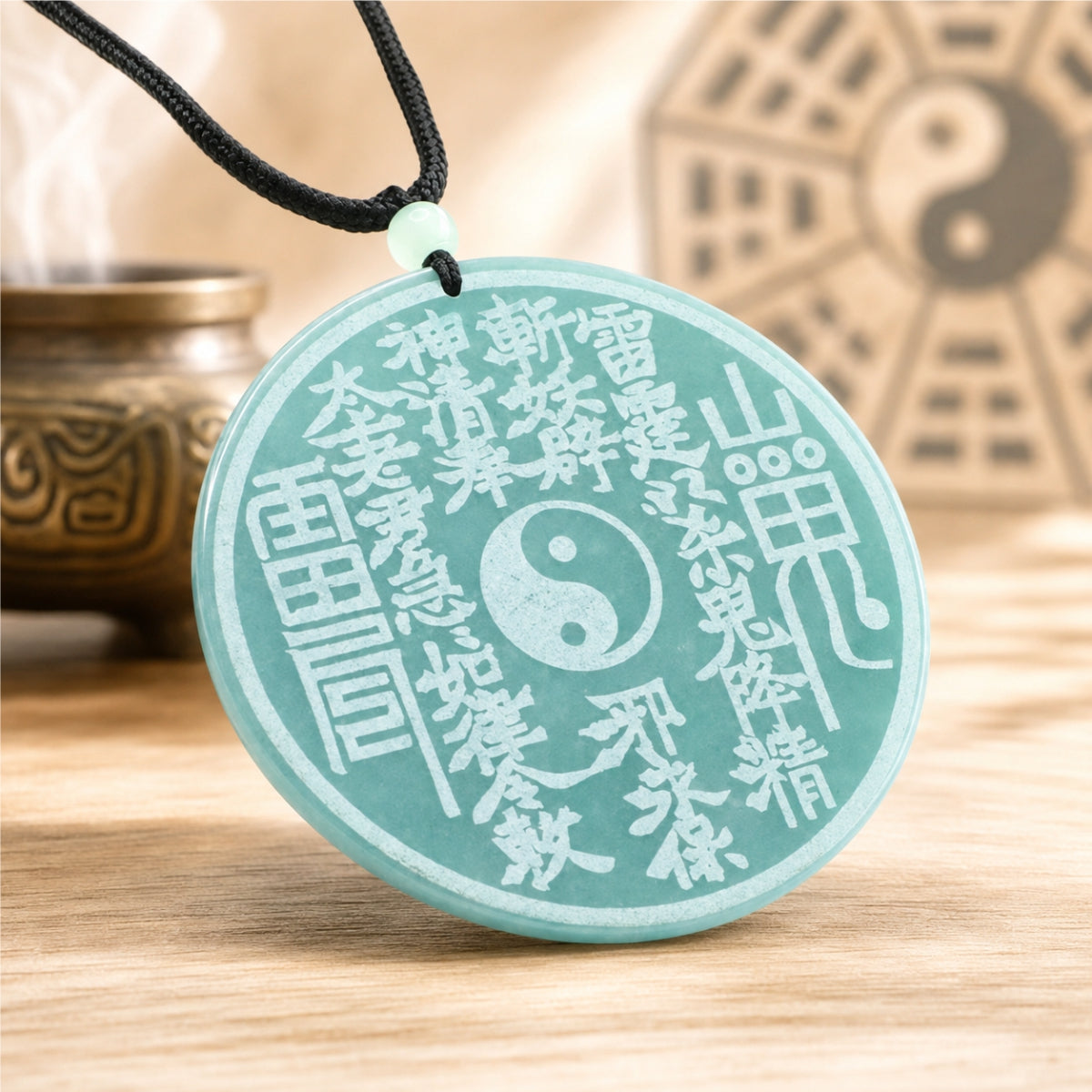 Close-up of a blue-green jade Shan Gui coin pendant with Taoist protection talisman details and black cord.