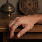 Male hand wearing a natural green jadeite wealth and protection ring.